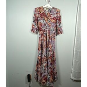 Jaase Maxi Dress Women's Large Burgundy Orange Paisley Boho Western Festival
